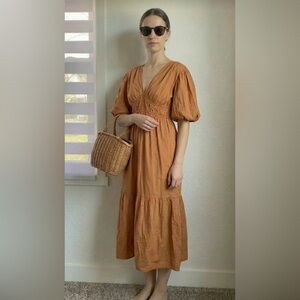 Tan puff sleeves midi dress